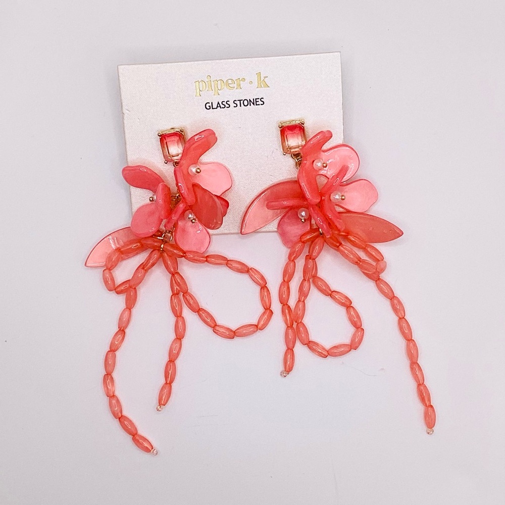 Piper K Coral Floral Earrings with Glass Beads